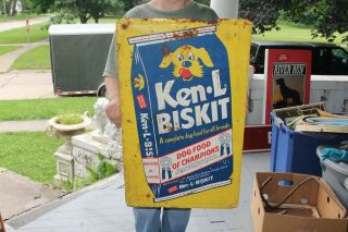 Vintage 1959 Ken - L - Biskit Dog Food Farm Feed Gas Oil 30 " Embossed Metal Sign