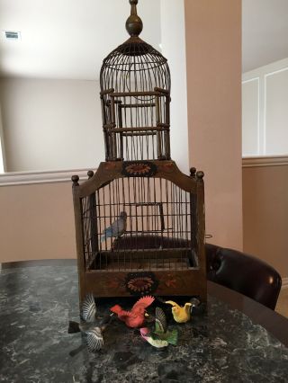 Vintage Decorative Bird Cage Wood & Wire W/5 Display Birds