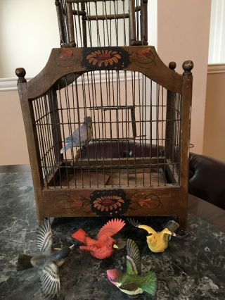 Vintage Decorative Bird Cage Wood & Wire W/5 Display Birds 2