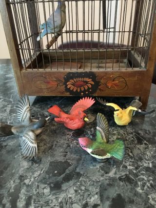 Vintage Decorative Bird Cage Wood & Wire W/5 Display Birds 4