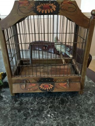 Vintage Decorative Bird Cage Wood & Wire W/5 Display Birds 7