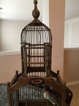 Vintage Decorative Bird Cage Wood & Wire W/5 Display Birds 8