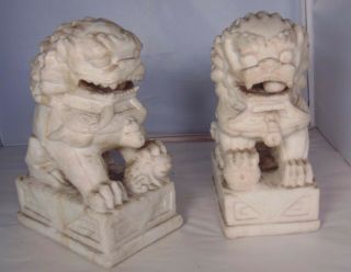 Pair Large Vintage Asian Carved Stone Guardian Foo Dogs Lions Garden Statues