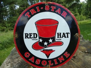 Old Vintage Tri - Star Red Hat Gasoline Porcelain Enamel Gas Pump Sign