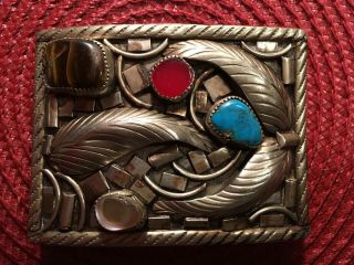 Vintage Native American Sterling Silver Belt Buckle With Turquose And Coral
