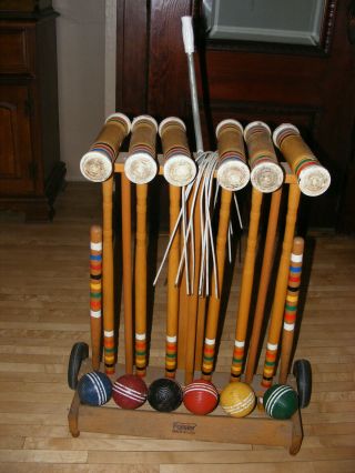 Vintage Forster Skowhegan Croquet Set With Wheeled Cart/stand 6 Player