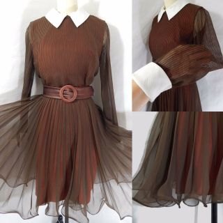 1960 Vintage Party Dress Pleated Chiffon Miss Elliette Brown A - Line 38b 30w Rare