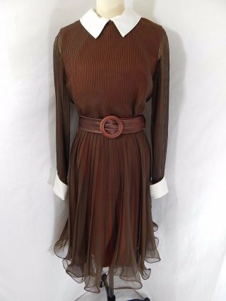 1960 Vintage Party DRESS Pleated Chiffon Miss Elliette BROWN A - LINE 38B 30W Rare 2