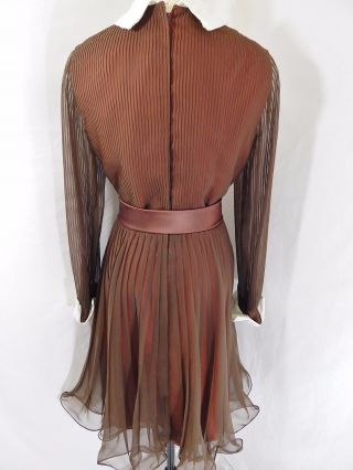 1960 Vintage Party DRESS Pleated Chiffon Miss Elliette BROWN A - LINE 38B 30W Rare 3