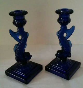 Vintage Set Of 2 Cobalt Blue Imperial Glass Dolphin Candlesticks
