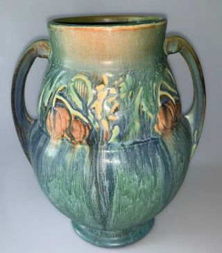 Vintage Roseville Green Baneda 9 - 1/4”t Handled Vase With Paper Label