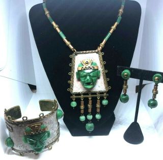 Vintage Brass & Green Agate Necklace Cuff Bracelet Dangle Earrings Set Mexico