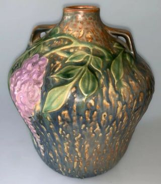 Vintage Roseville Blue Wisteria 8” Handled Vase With Paper Label