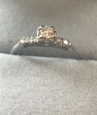 Vintage Diamond Engagement Ring - 10k White Gold Size 7.  5 Round Brilliant