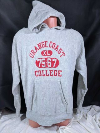 Vtg 70s Champion Reverse Weave Hoodie Sz Xl Orange Coast College One Color Tag