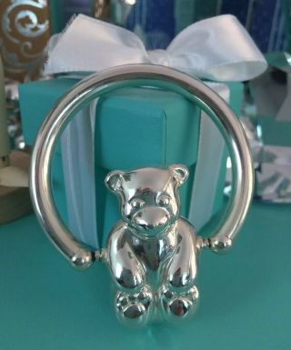 Tiffany Co Bear Baby Rattle Spinning Teddy Teether Sterling Silver W Pouch Vtg