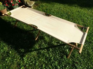Vintage Folding Army Camping Cot Heavy Canvas Oak Frame Green Hardware 76 "