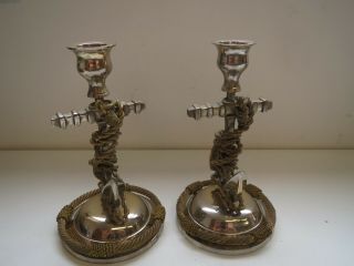 Antique Anchor And Rope Candlesticks Silver Plated Brass Marine Nautical Yacht