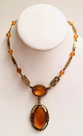 Vintage 1930’s Art Deco Era Faceted Amber Glass & Brass Pendant Dangle Necklace
