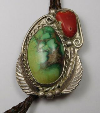 Vintage Native American Sterling Silver/ Green Turquoise & Red Coral Bolo