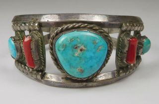 Vintage Native American Sandcast Sterling / Turquoise & Red Coral Cuff Bracelet