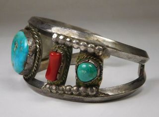 Vintage Native American Sandcast Sterling / Turquoise & Red Coral Cuff Bracelet 2