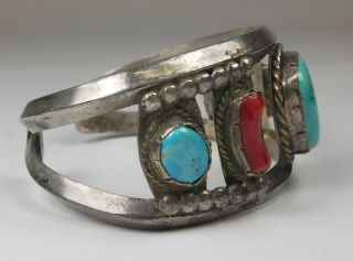 Vintage Native American Sandcast Sterling / Turquoise & Red Coral Cuff Bracelet 3