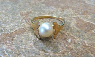 Pearl 14kt Solid Yellow Gold Ring Unique Dolpin Fluke Fin Bezel 11 - I5459