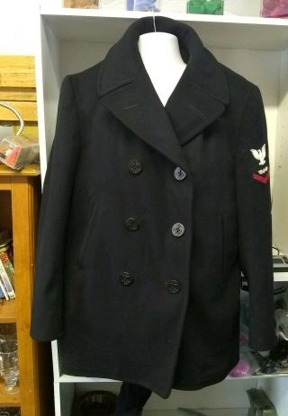 Vintage Us Navy Double Breasted Wool Peacoat Jacket Blue Uniform W/patch Size 42