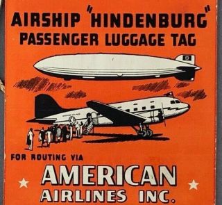 American Airlines Hindenburg Airship Lakehurst Vintage Luggage Label Baggage Tag