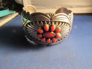 Vintage Sterling Silver Native American R.  Wylie 10 Coral Cuff Bracelet 71 Grams