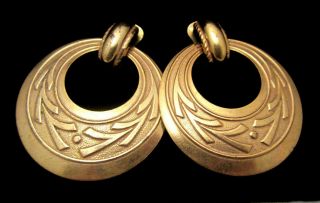 Rare Vintage 2 - 1/4 " Signed Miriam Haskell Goldtone Hoop Dangle Clip Earrings A23