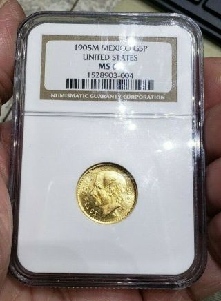 1905 - M W@w L@@k Rare Key Mexico Estados Unidos Mexicanos 5 Pesos Gold Pcgs Ms63