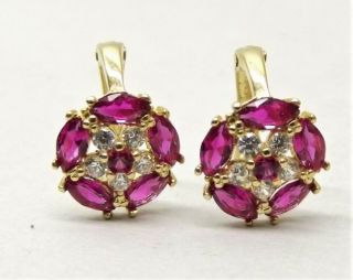 Vtg 14k Gold Ruby Diamond Stud Earrings French Back Ornate.  10 Carat Tcw