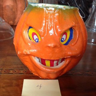 Vintage Halloween Paper Mache Evil Looking Pumpkin Jack O Lantern All