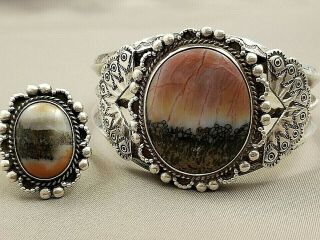 VNTG Expertly Crafted Navajo Petrified Wood Bracelet & Ring Matching SET 2