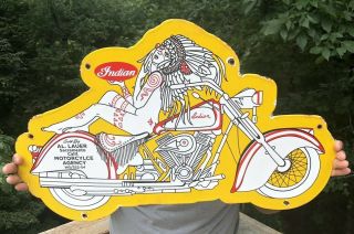 VINTAGE PORCELAIN DIE CUT 2 - SIDED INDIAN MOTORCYCLES DEALER SIGN Harley Triumph 8