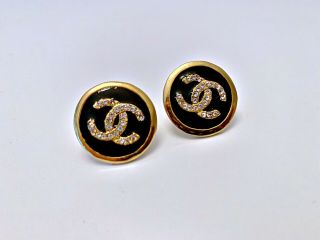 Authentic Vintage Chanel Cc Logo Gold & Black With Rhinestones,  Earrings