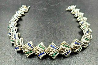 Rare Vintage Sterling Silver Signed Han Bracelet - Marcasite - Green & Blue Stones