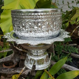 1 Set Vintage Antique Thai Water Bowl Tray Silver Color Handcrafted Aluminium