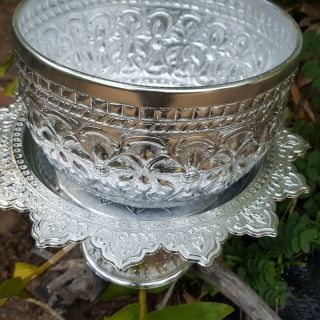 1 Set Vintage Antique Thai Water Bowl Tray Silver Color Handcrafted Aluminium 4