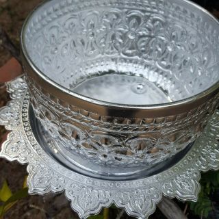 1 Set Vintage Antique Thai Water Bowl Tray Silver Color Handcrafted Aluminium 5