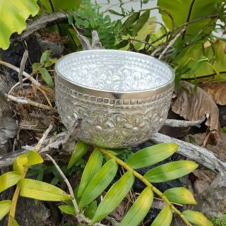 1 Set Vintage Antique Thai Water Bowl Tray Silver Color Handcrafted Aluminium 7