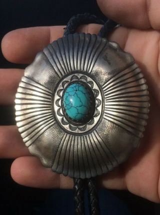 Estate Vintage Navajo Sterling Silver & Spiderweb Turquoise Bolo Tie Signed L B