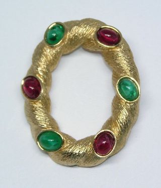 Rare Trifari Brooch Moghul Coiled Gold Ruby Red Emerald Green Glass Cabochons