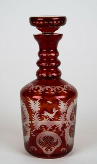 Czech Bohemian Egermann Ruby Red Cut To Clear Decanter & Stopper Vintage Glass