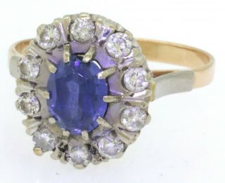 Russian vintage 14K 2 - tone 2.  20CT diamond & Blue gemstone cocktail ring size 10 2
