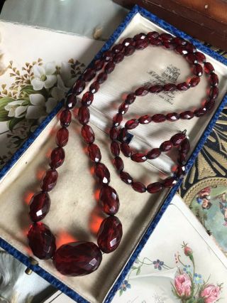 Antique Art Deco Long Cherry Red Bakelite Faceted Bead Necklace