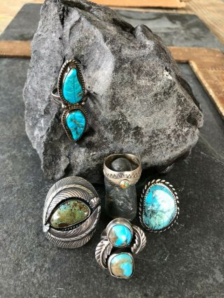 Five Vintage Native American Navajo Zuni Southwest Silver And Turquoise Rings