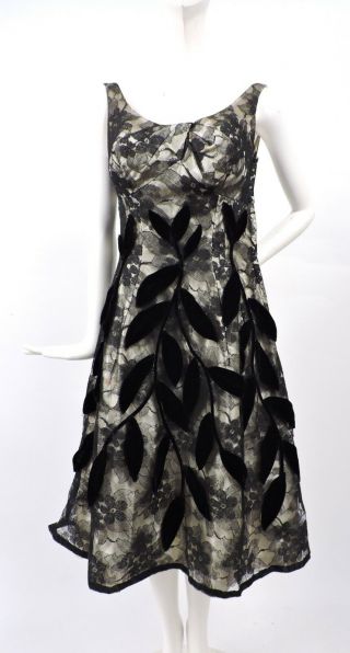 Vintage 1950’s Black Chantilly Lace Party Dress W Applied Silk Velvet Leaves